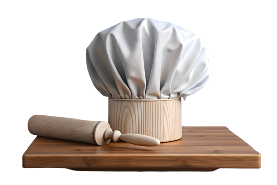 Chef hat with kitchen rolling pin on the wooden cutting board 3d rendering isolated on transparent background