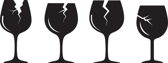 Broken Glassware Vector Set with Cracked Wine Glasses and Fractured Designs