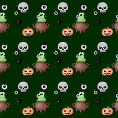 Fototapeta premium Halloween themed pattern featuring cauldron, skulls, pumpkins, spiders, and eerie decorations on dark green background