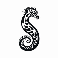Elegant serpentine creature in stylized tribal illustration format, detailed dragon silhouette