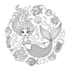Vector illustration of mermaid with sea animals coloring page