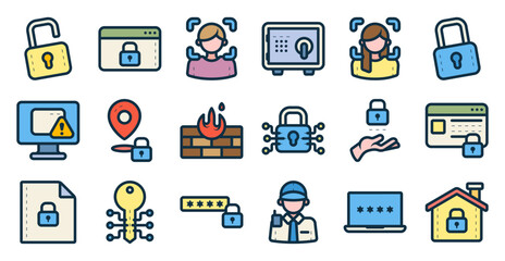 Secure protection icon set related to lock, security, privacy, safe, padlock, safety, password, and others. vector illustration with lineal color style