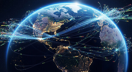 Global network connections illustrated over earth with city lights and glowing lines of data