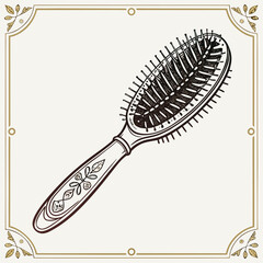 Vector art of vintage hairbrush illustration with floral design and decorative frame, representing retro style, beauty care, and grooming