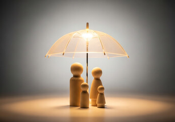 Wooden family figurines protected under a transparent umbrella on a bright surface against gray