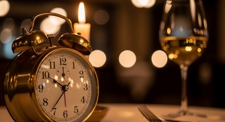 New Years Eve Toast - Golden Alarm Clock Nears Midnight by Candlelight.