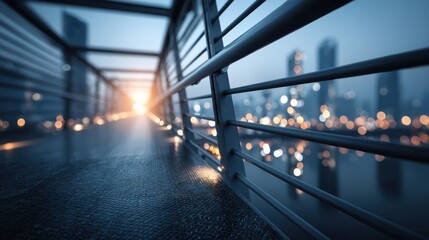 Obraz premium A stunning urban walkway at dusk, featuring glimmering lights and a beautiful sunset, creating a tranquil yet vibrant atmosphere.