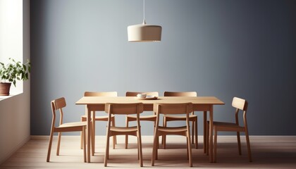 a dining room with a wooden table and chairs, a 3D render, by Johan Lundbye, featured on dribble, minimalism, ikea catalogue photo