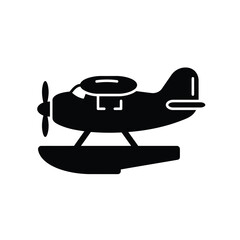 Simple black silhouette icon of a classic seaplane with floats and propeller on a white background
