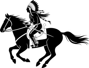 Obraz premium Native American Warrior Riding Horse Silhouette Illustration
