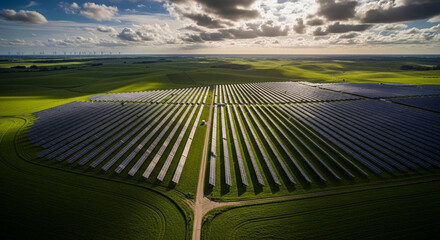 Aerial view of a large solar panel farm surrounded by green fields under a cloudy sky at daytime