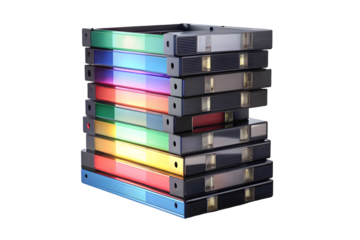 Stack of colored vhs videotapes 3d rendering isolated on transparent background