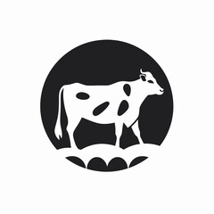 Obraz premium Elegant spotted cow livestock grazes pasture in minimalist black background silhouette