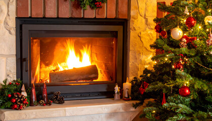 Cozy christmas fireplace with decorated tree