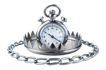 Stopwatch inside bear trap 3d rendering isolated on transparent background