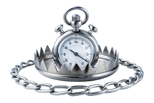 Stopwatch inside bear trap 3d rendering isolated on transparent background
