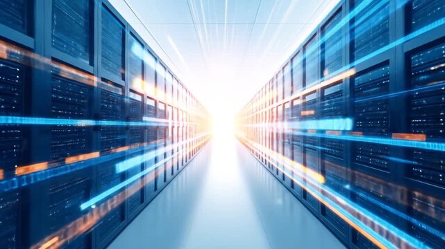 Illuminated Data Server Room with Rows of Computer Racks Showing Binary Code Flowing Through Tunnel Perspective and Futuristic Design
