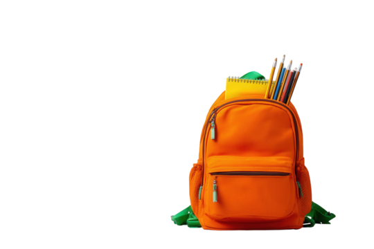 Orange Backpack with School Supplies on Black Background