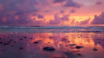 Obraz premium A serene beach scene at sunset, featuring vibrant colors, sparkling water droplets, and smooth pebbles on the shore, creating a tranquil atmosphere.