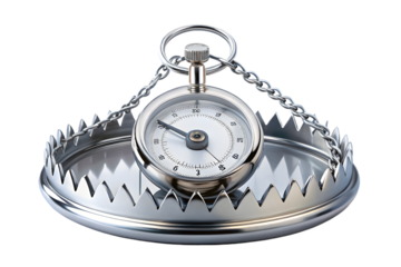 Stopwatch inside bear trap 3d rendering isolated on transparent background