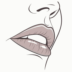 Close up of a woman s sensual full lips with a hint of a nose and chin in a minimalist line art style