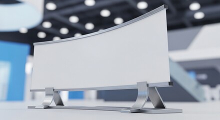 Modern Blank Curved Banner Display Stand in a Conference Hall.