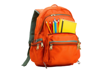 Orange Backpack with School Supplies on Transparent Background