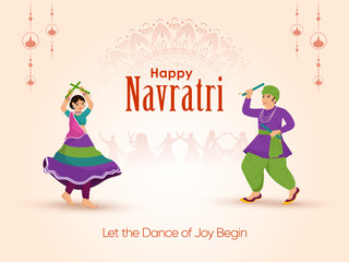 Happy Navratri Indian Festival celebration Character design, Couple illustration dancing with dandiya. Banner Poster or flyer design