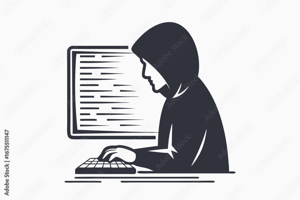 Wall mural hooded figure using computer on white background hacker silhouette design