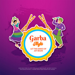 Happy Navratri Indian Festival celebration Garba Night banner design, Character design, Couple vector  illustration dancing with dandiya. 