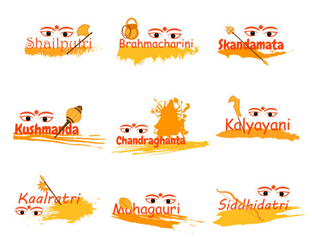 Happy Navratri Indian festival celebration Vector illustration of Nav Devi Durga mata swaroop typography emblem set.