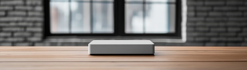 Minimalist White Box on Wooden Table with Brick Wall and Window Backdrop, Mockup ,Product