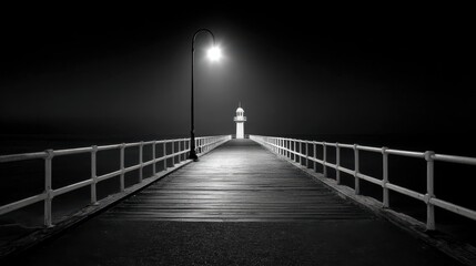 Obraz premium A serene black-and-white image of a pier leading to a lighthouse, illuminated by a street lamp, creating a peaceful, moody atmosphere.