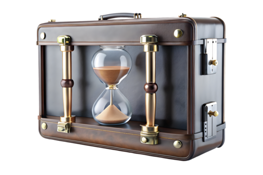 Suitcase with hourglass inside 3d rendering isolated on transparent background