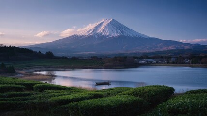 Serene Sunrise over Mount Fuji and Tea Fields