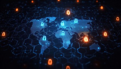 Digital world map with glowing padlock icons representing cybersecurity and global data protection on a futuristic hexagonal digital network background