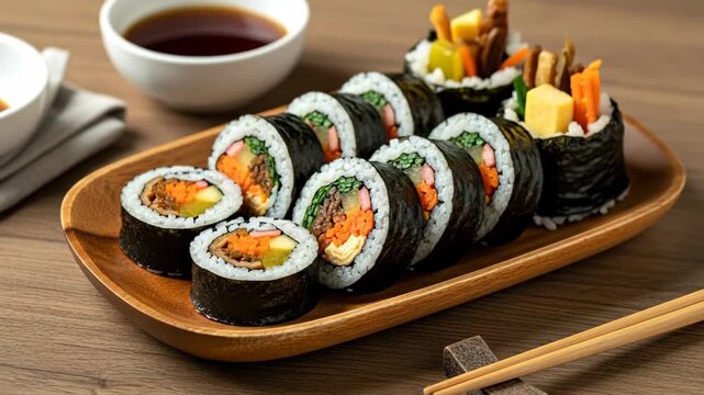 Delicious Kimbap Korean Seaweed Rice Rolls on Wooden Plate