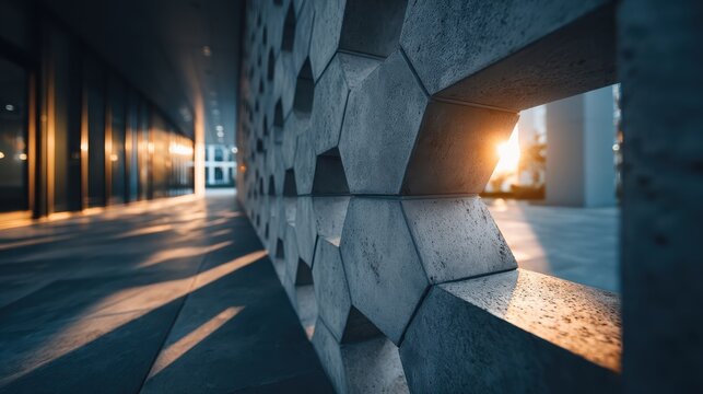 A detailed view of a textured concrete wall with hexagonal patterns, illuminated by warm sunlight, creating striking shadows in a modern architectural setting.