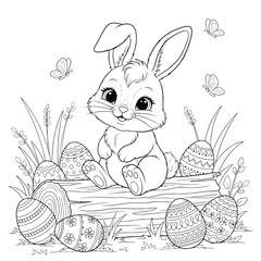 Vector illustration of easter bunny with eggs for coloring page