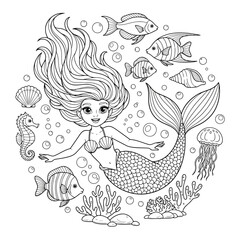 Vector illustration of a beautiful mermaid with fish and corals in the sea