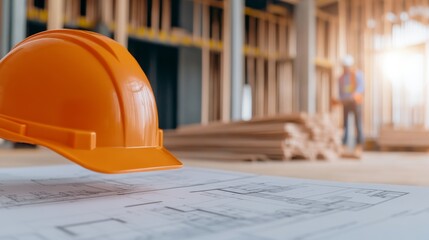 Orange Hard Hat on Blueprint at Construction Site, safety , architecture