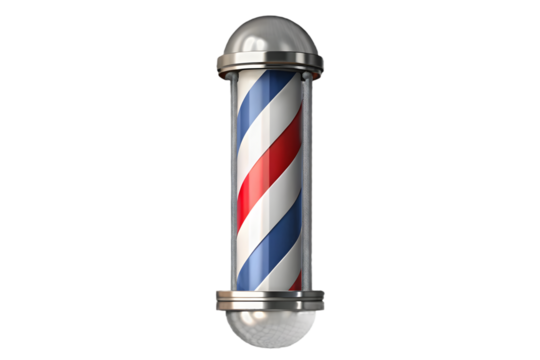 Barber pole rotating light stripe sign for hair salon 3d rendering isolated on transparent background