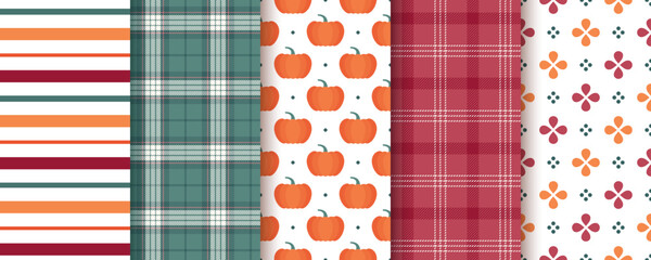 Autumn pattern. Seamless backgrounds with pumpkins, stripes and plaid. Set seasonal geometric wallpapers. Collection autumnal wrapping papers. Vector illustration. Abstract fabric textures.