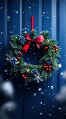 Festive Christmas wreath on a blue door with snowfall