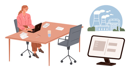 Businesswoman at desk using laptop, industrial plant representing energy sector, computer screen for data analysis. Ideal for energy management, business, technology, sustainability, data