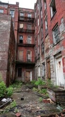 Fototapeta premium Neglected urban building with overgrown yard