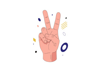 Obraz premium Abstract hand gesturing victory symbol with colorful geometric shapes and dots decoration background