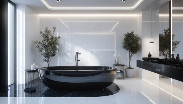 Sleek black bathtub in a modern white bathroom - Powered by Adobe