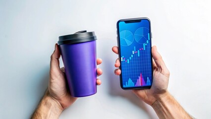 A persons hands hold a purple disposable coffee cup and a smartphone displaying a financial stock market graph, symbolizing worklife balance