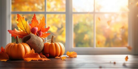 Autumn harvest arrangement with pumpkins and fall leaves
